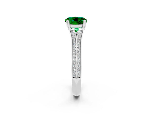 White gold Round Cut Emerald Split Shank Engagement Ring with Pavé Band
