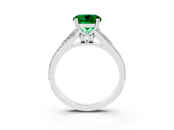 Platinum Round Cut Emerald Split Shank Engagement Ring with Pavé Band