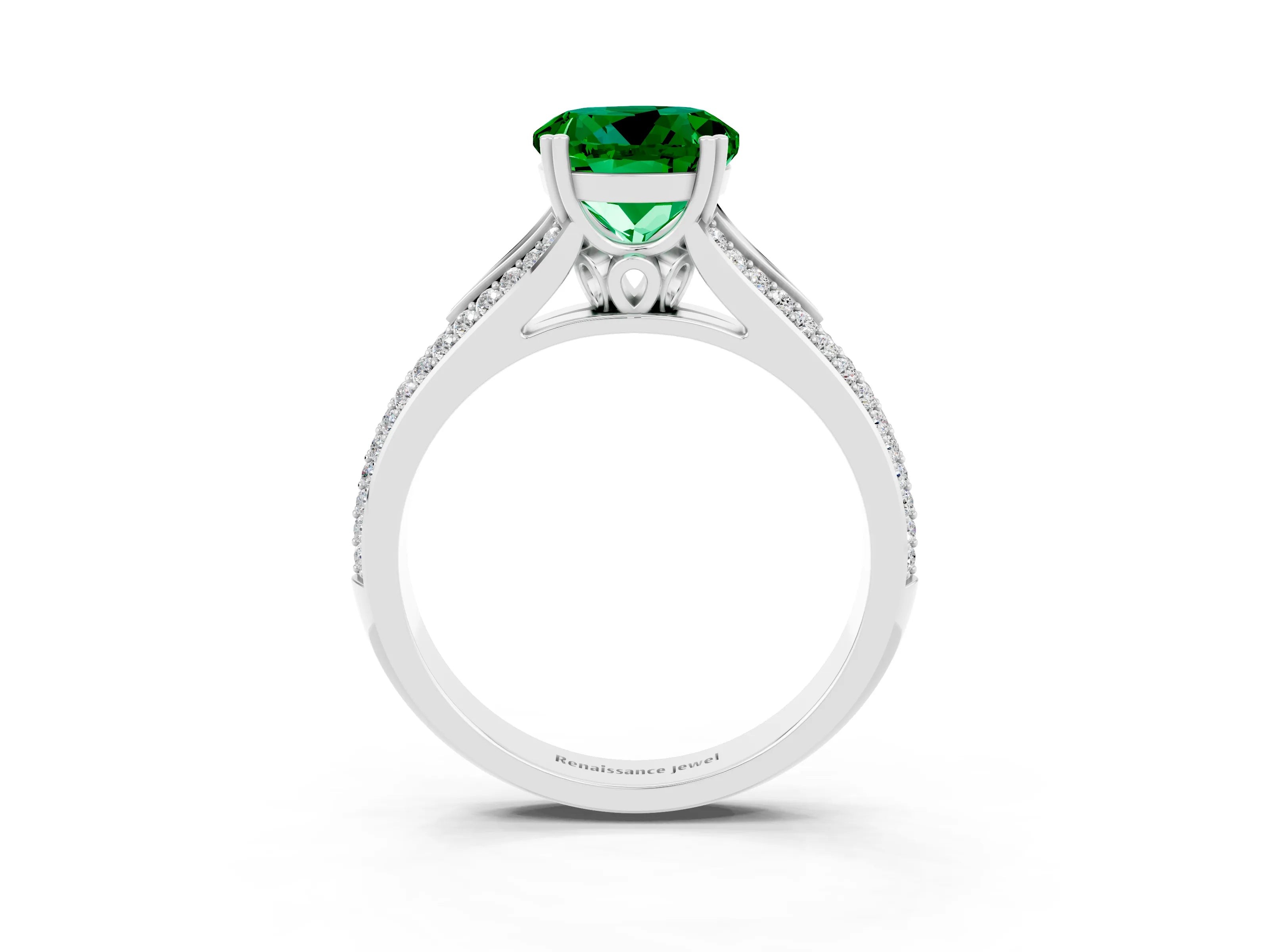 White gold Round Cut Emerald Split Shank Engagement Ring with Pavé Band_3