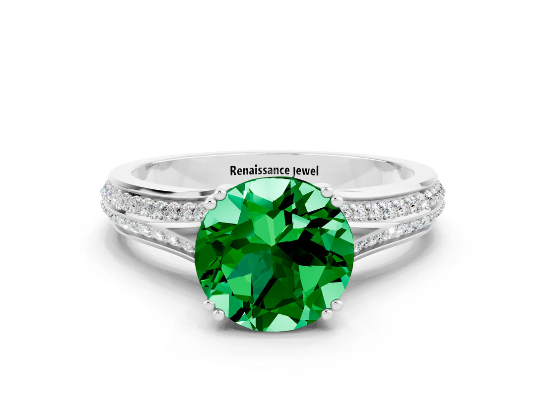 White gold Round Cut Emerald Split Shank Engagement Ring with Pavé Band