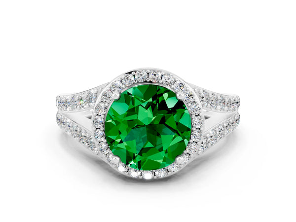 Silver Round Cut Emerald Split Shank Halo Ring with Four-Prong Setting