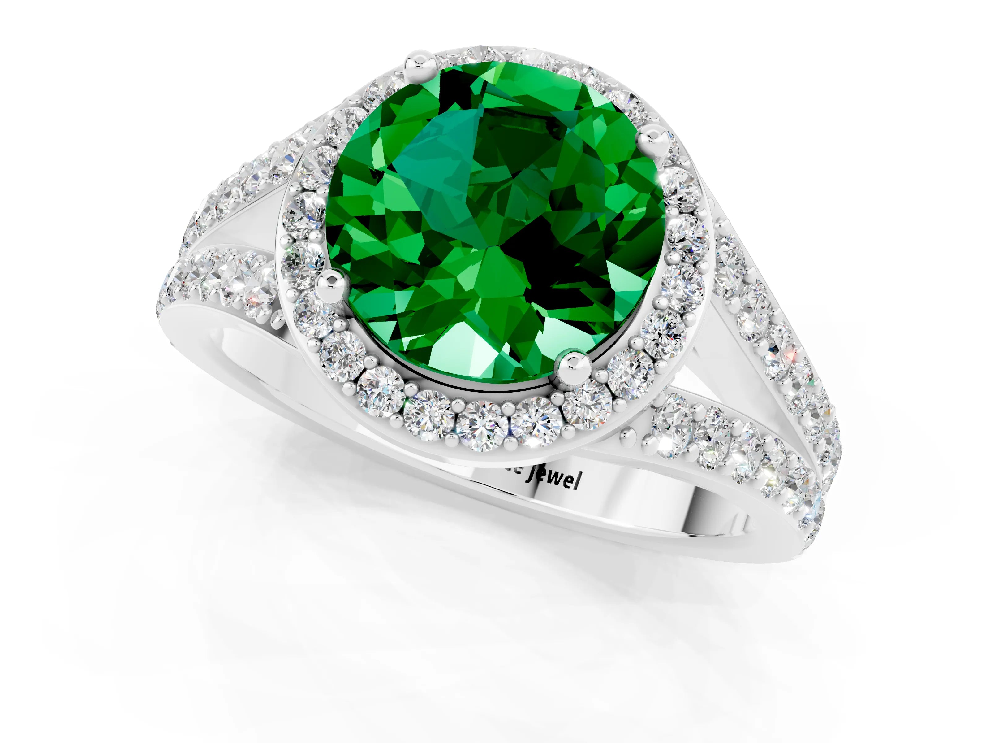 White gold Round Cut Emerald Split Shank Halo Ring with Four-Prong Setting_35