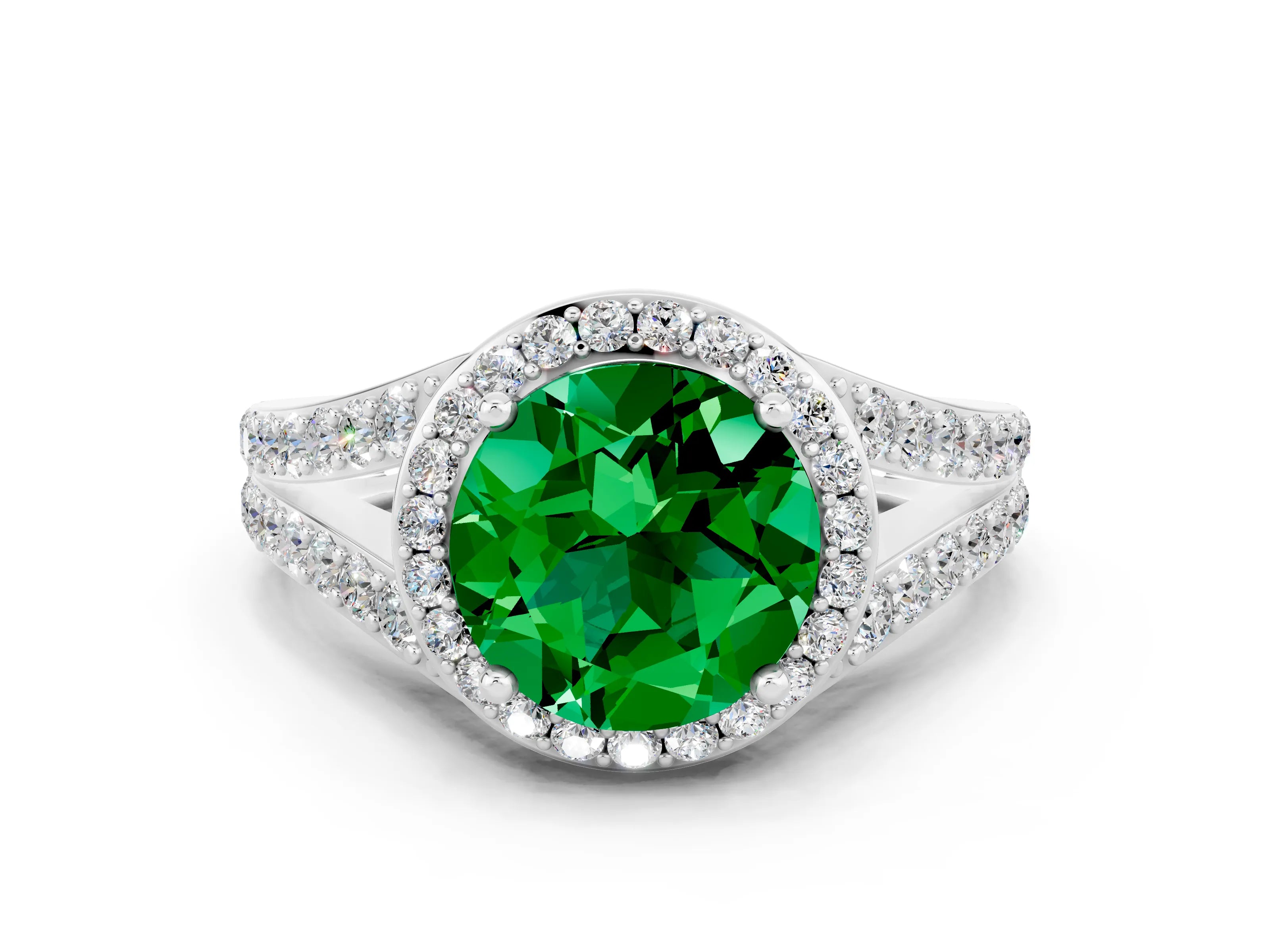 White gold Round Cut Emerald Split Shank Halo Ring with Four-Prong Setting_36