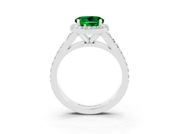 Silver Round Cut Emerald Split Shank Halo Ring with Four-Prong Setting