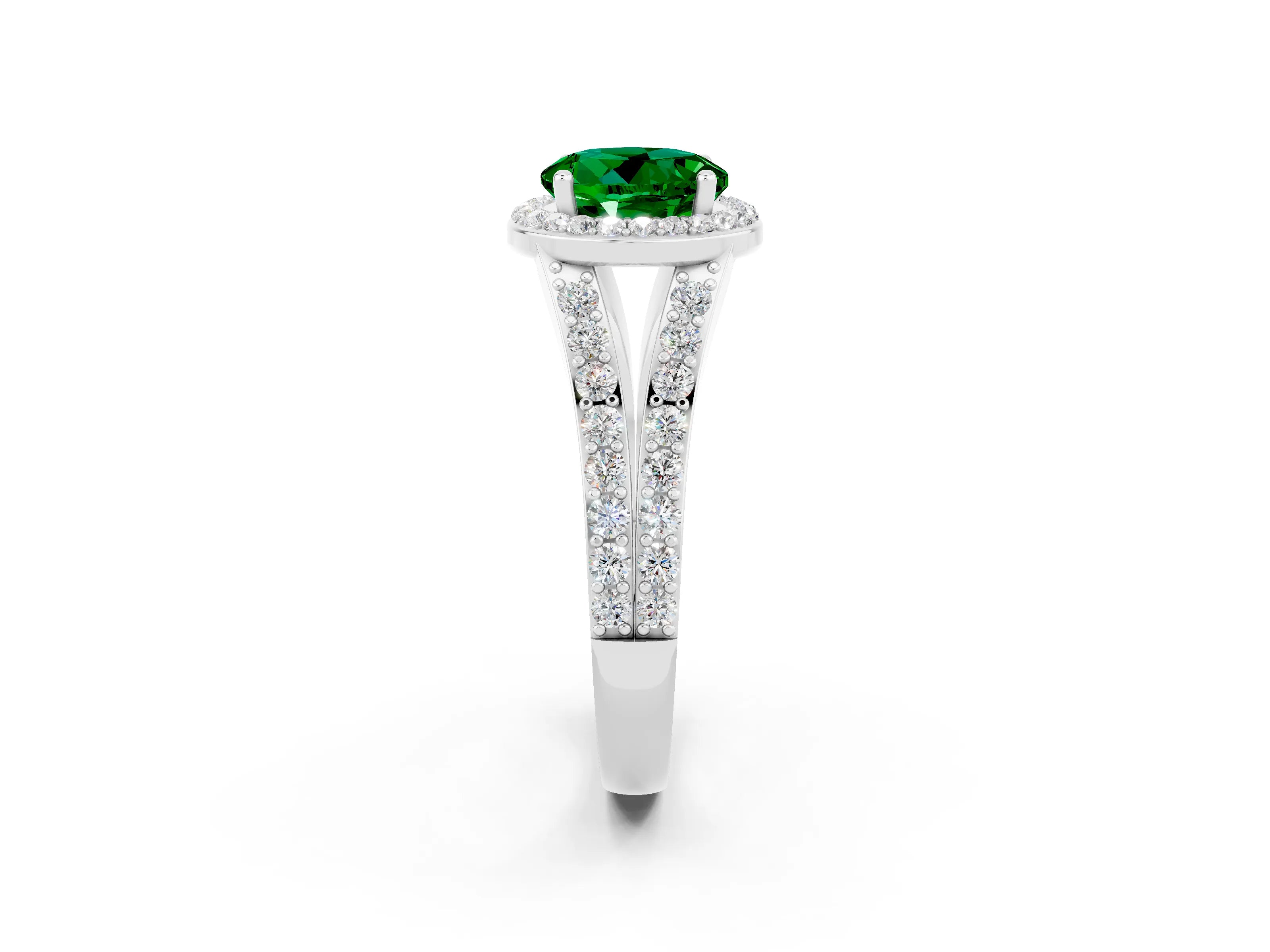 White gold Round Cut Emerald Split Shank Halo Ring with Four-Prong Setting_38