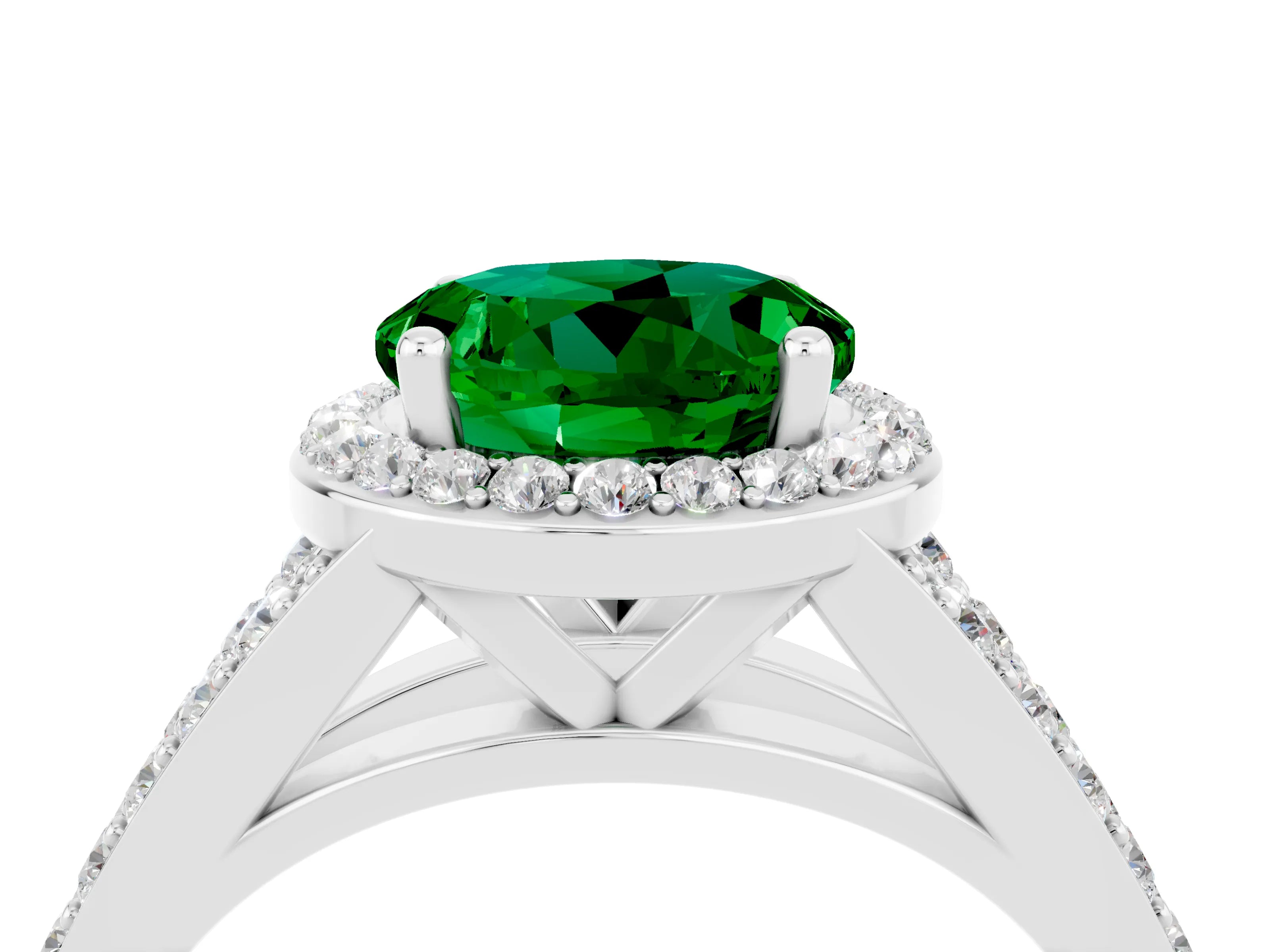 White gold Round Cut Emerald Split Shank Halo Ring with Four-Prong Setting_38