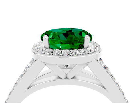 White gold Round Cut Emerald Split Shank Halo Ring with Four-Prong Setting_40