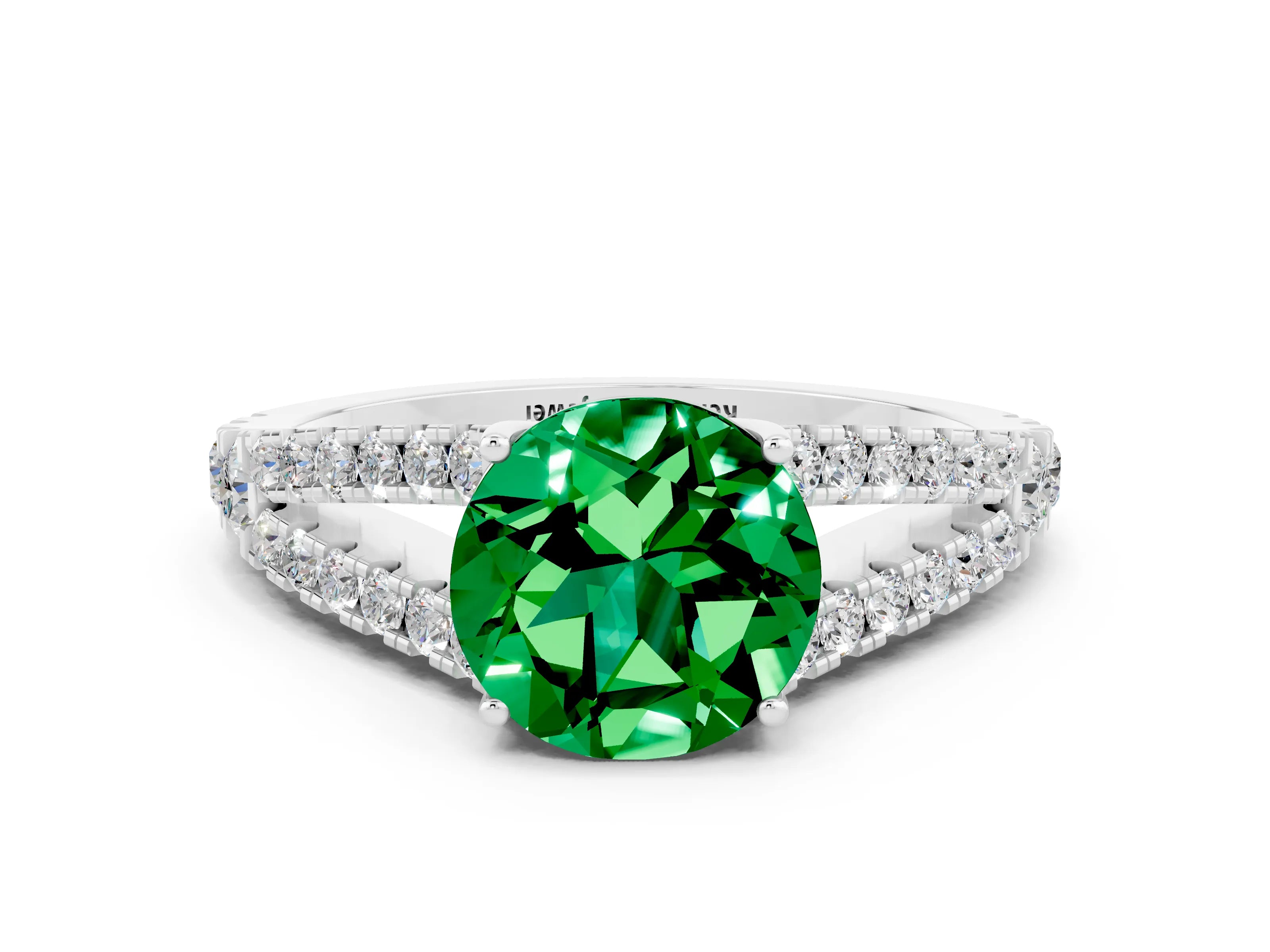 White gold Round Cut Emerald Split Shank Pavé Engagement Ring with Four-Prong Setting_12