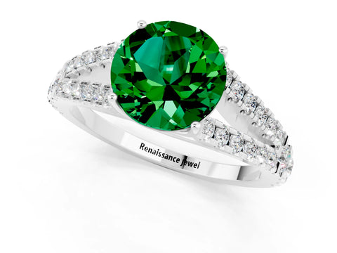 White gold Round Cut Emerald Split Shank Pavé Engagement Ring with Four-Prong Setting_13