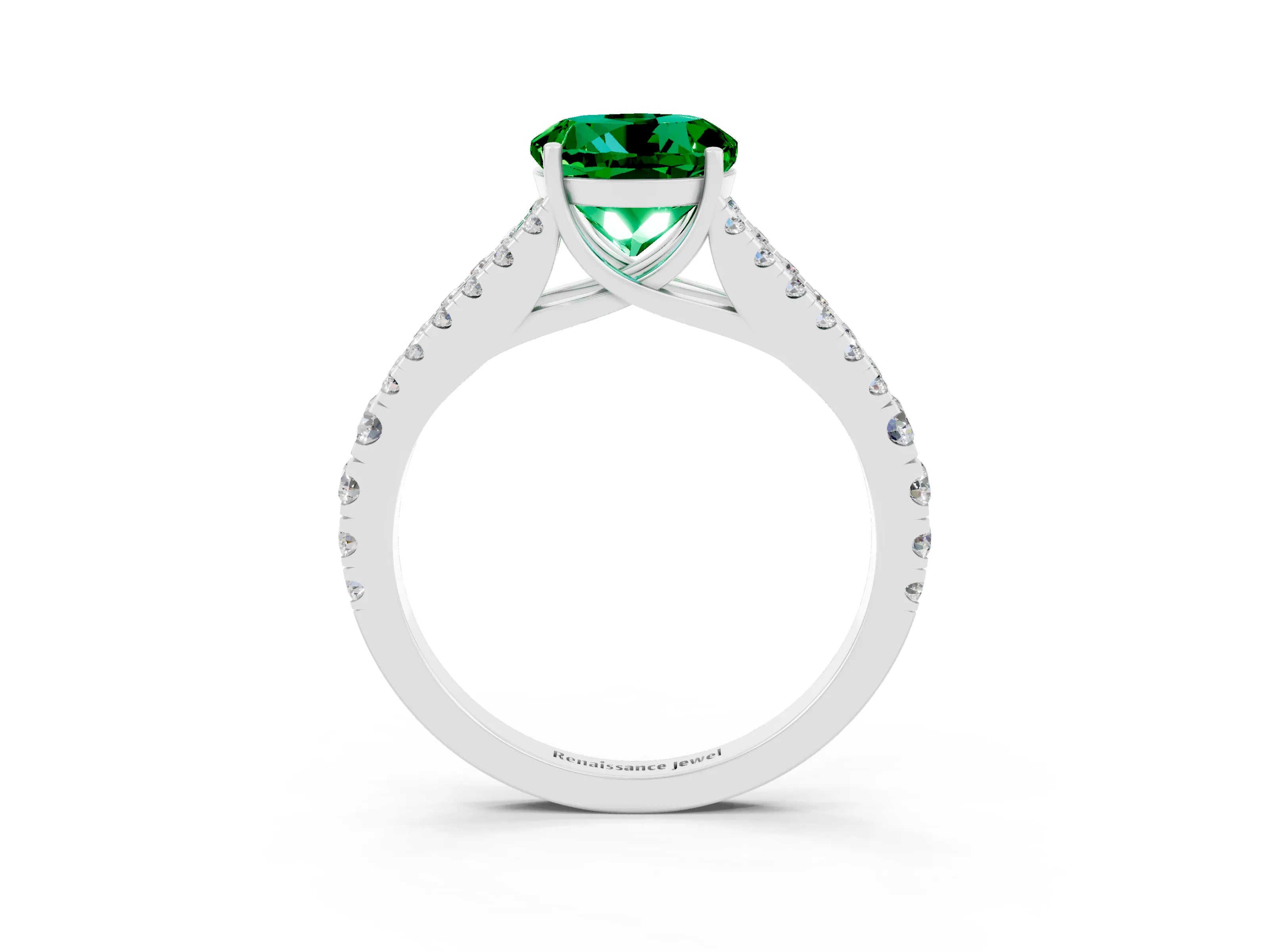 White gold Round Cut Emerald Split Shank Pavé Engagement Ring with Four-Prong Setting_15