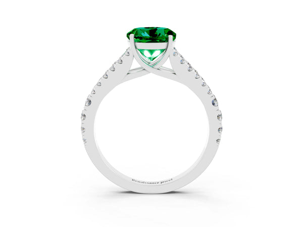 Silver Round Cut Emerald Split Shank Pavé Engagement Ring with Four-Prong Setting