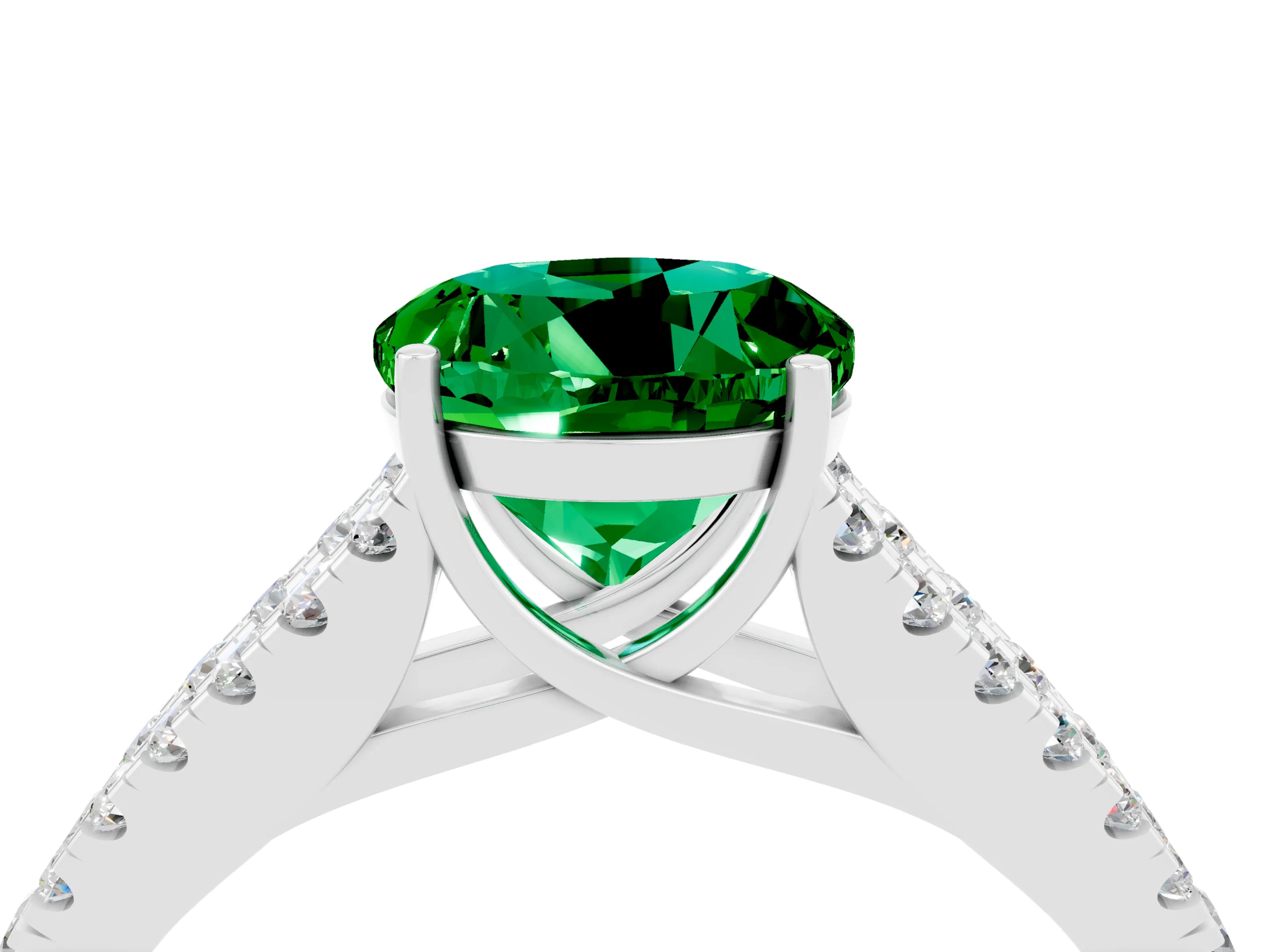 White gold Round Cut Emerald Split Shank Pavé Engagement Ring with Four-Prong Setting_16