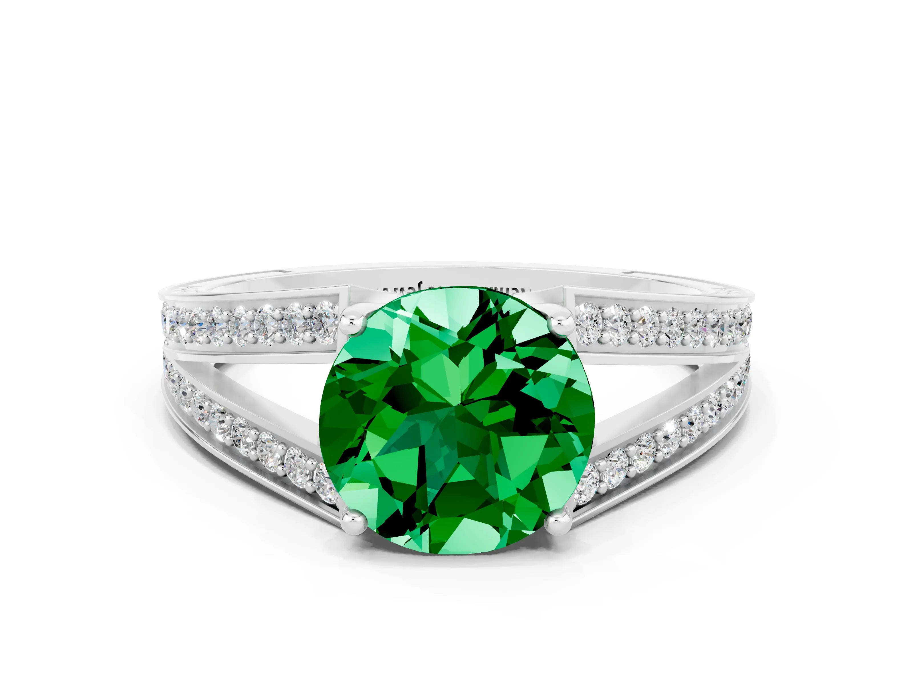 White gold Round Cut Emerald Split Shank Ring with Pavé Band and Four-Prong Setting