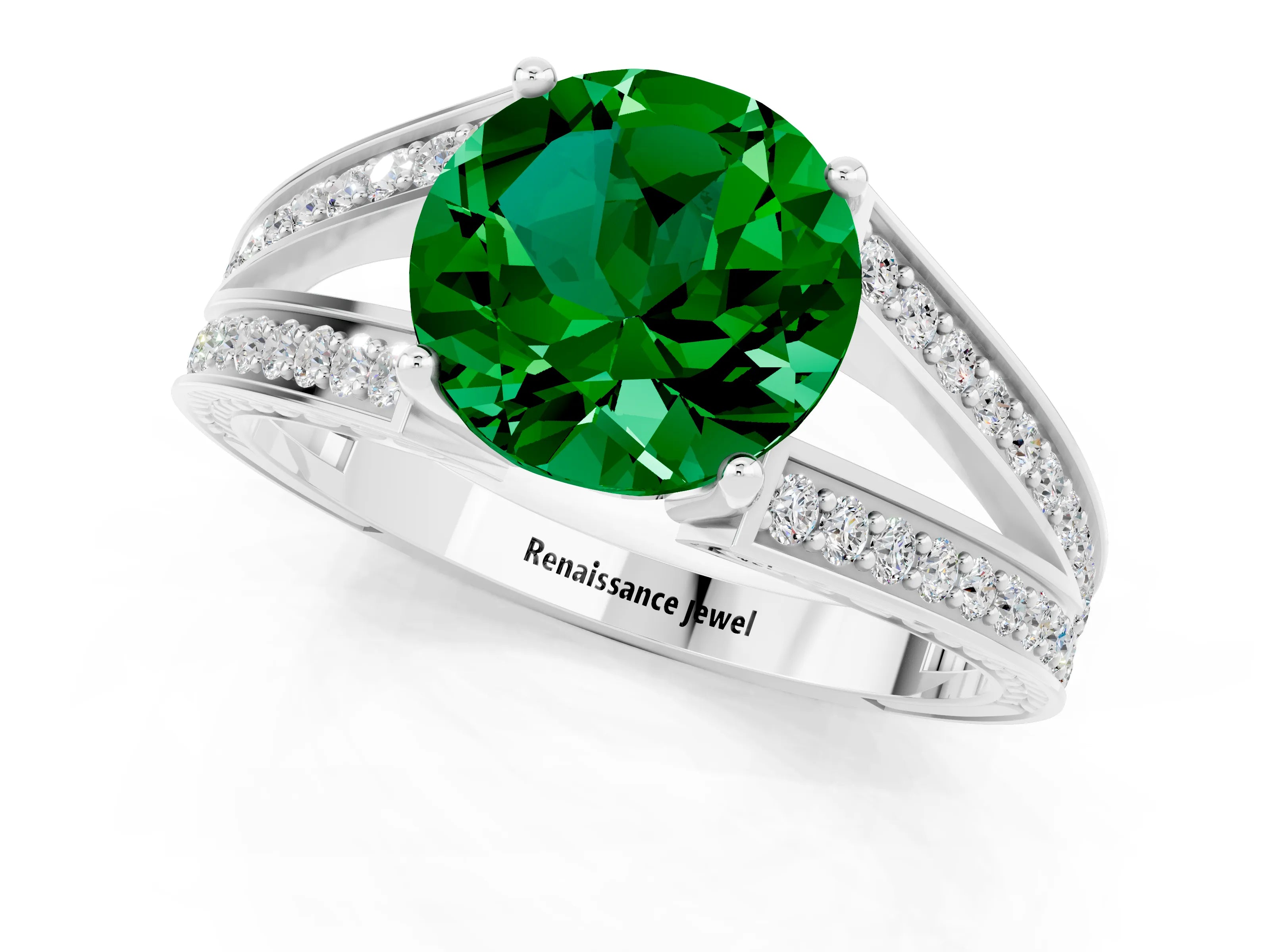 White gold Round Cut Emerald Split Shank Ring with Pavé Band and Four-Prong Setting_1