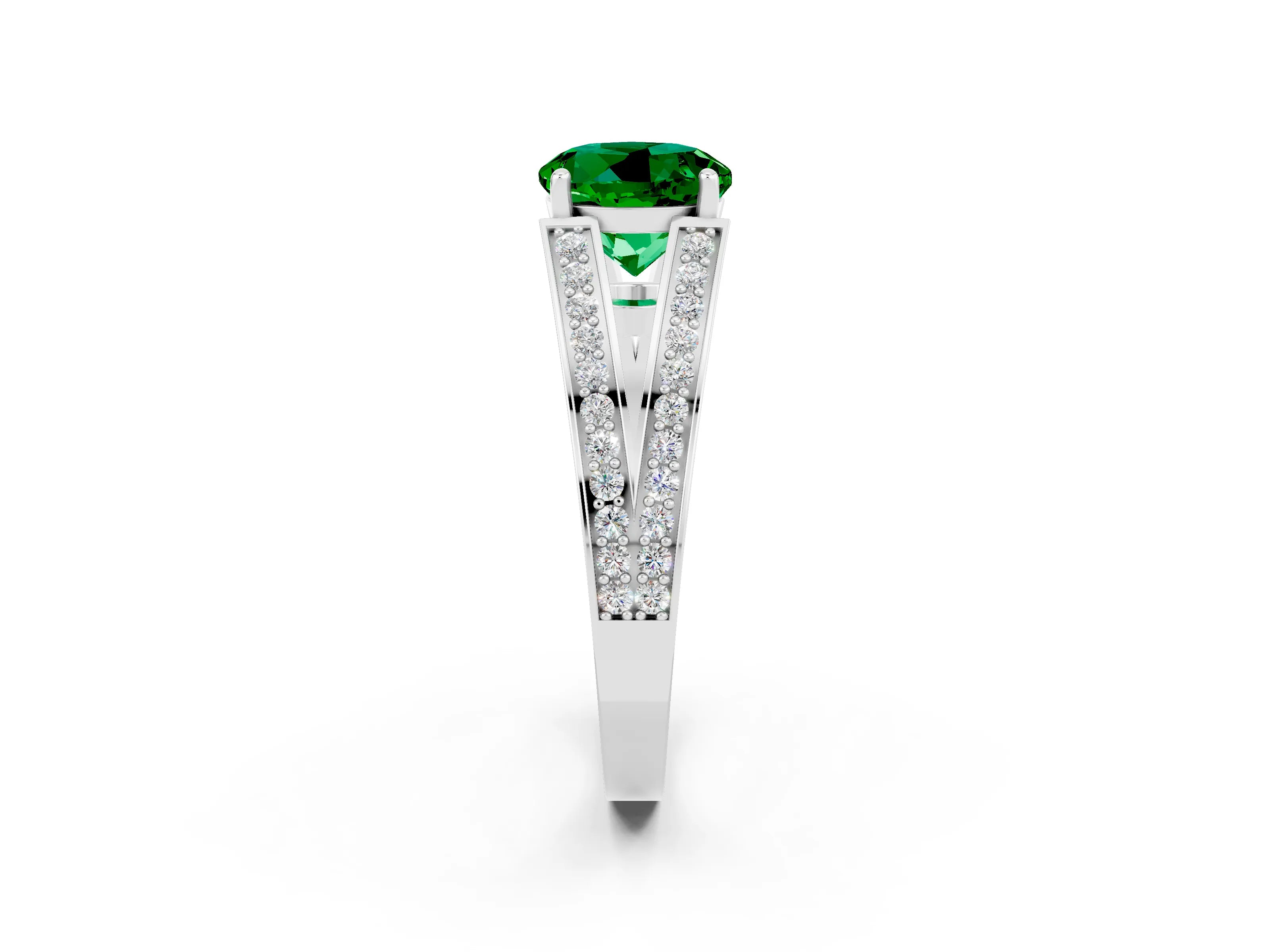 White gold Round Cut Emerald Split Shank Ring with Pavé Band and Four-Prong Setting_2