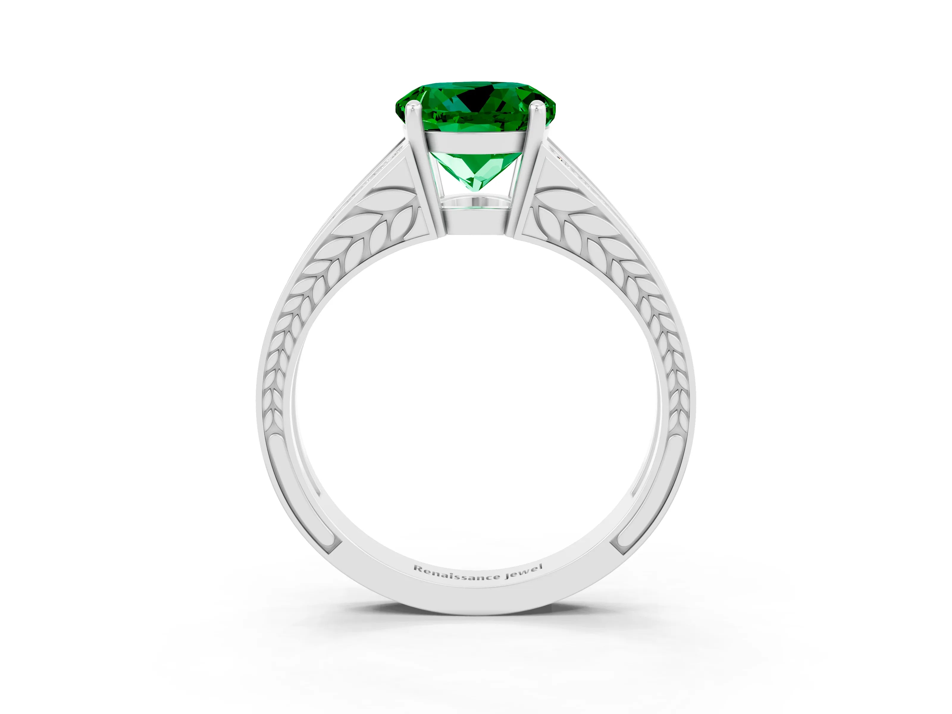 White gold Round Cut Emerald Split Shank Ring with Pavé Band and Four-Prong Setting_3