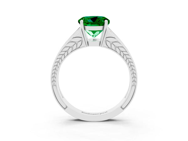 Silver Round Cut Emerald Split Shank Ring with Pavé Band and Four-Prong Setting