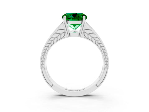 White gold Round Cut Emerald Split Shank Ring with Pavé Band and Four-Prong Setting_3