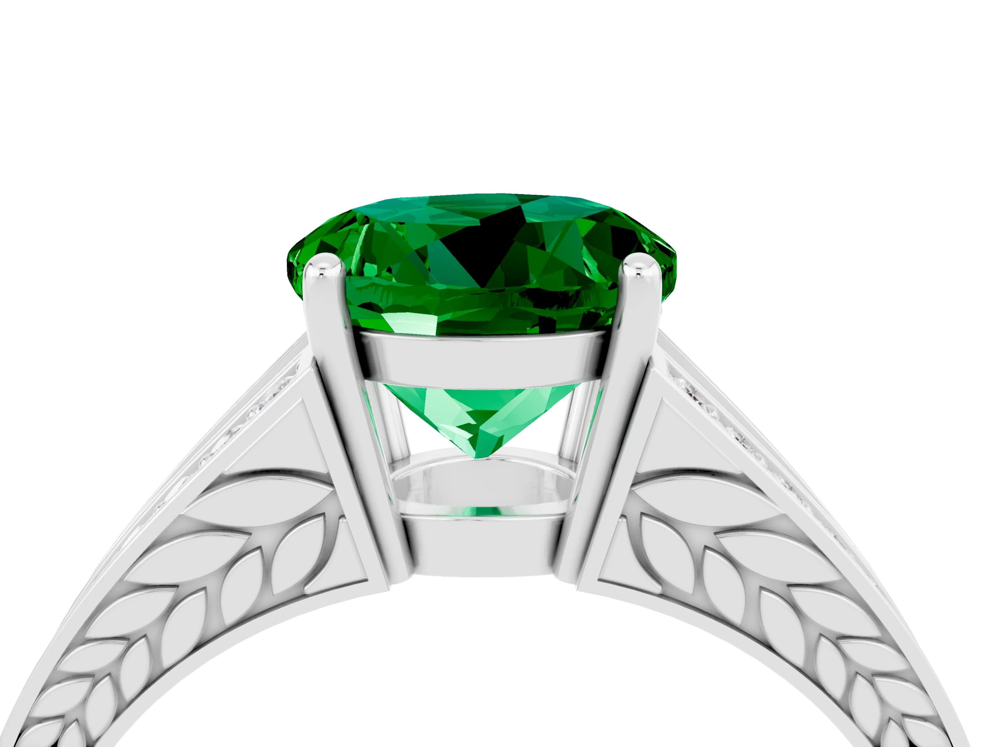 White gold Round Cut Emerald Split Shank Ring with Pavé Band and Four-Prong Setting_4