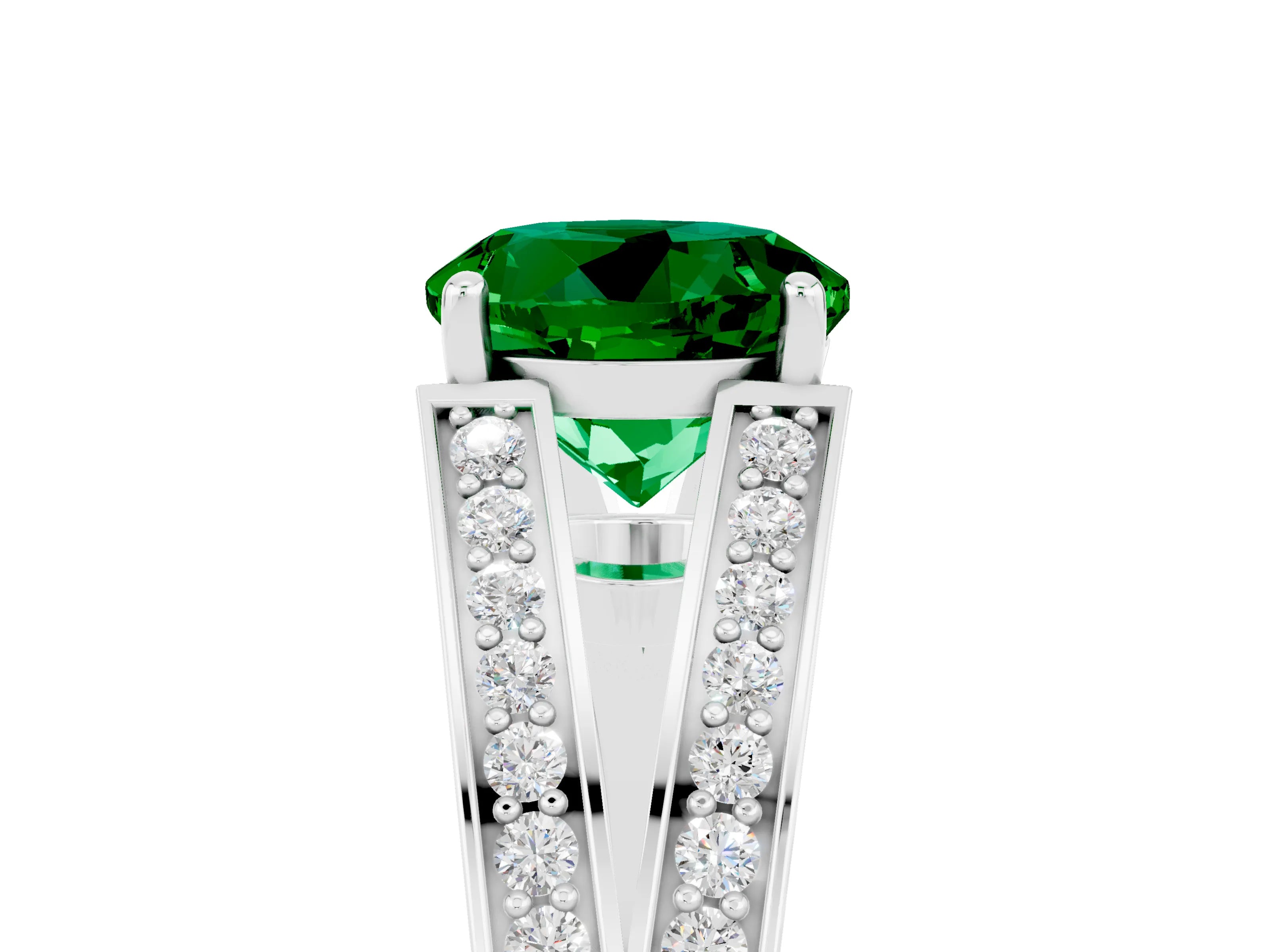 White gold Round Cut Emerald Split Shank Ring with Pavé Band and Four-Prong Setting_5