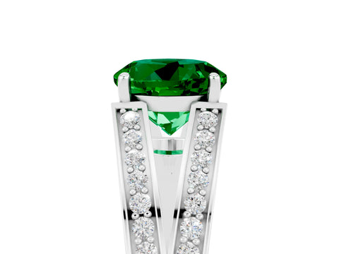 White gold Round Cut Emerald Split Shank Ring with Pavé Band and Four-Prong Setting_5