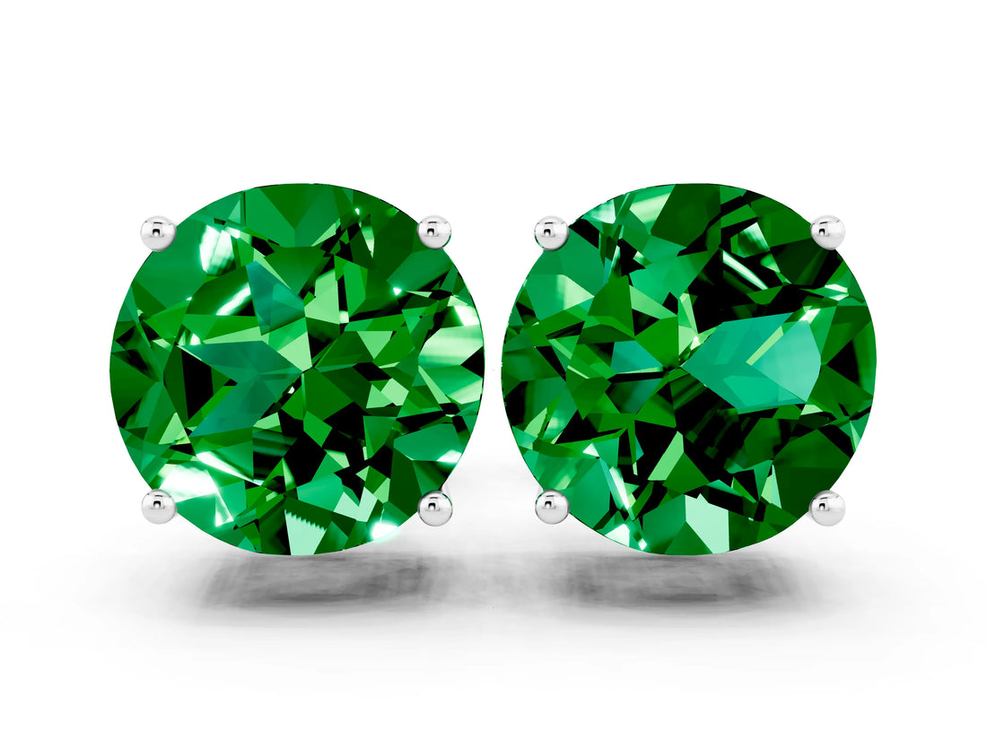 Silver 0.72 Carat Round Emerald Stud Earrings