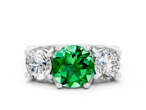 White gold Round Cut Emerald Three-Stone Ring with Channel Set Band and Four-Prong Setting
