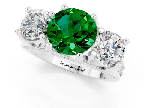 White gold Round Cut Emerald Three-Stone Ring with Channel Set Band and Four-Prong Setting_1