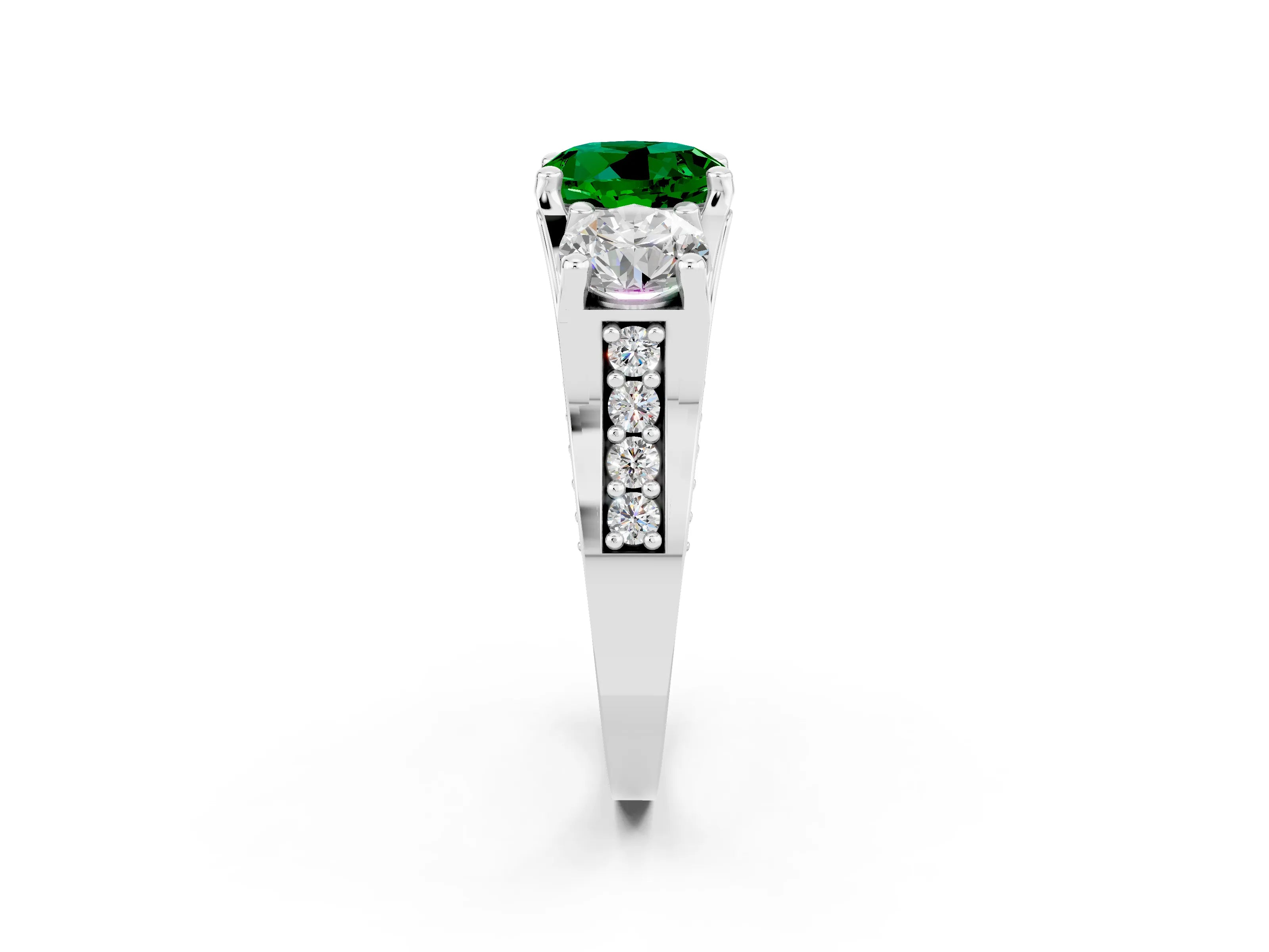 White gold Round Cut Emerald Three-Stone Ring with Channel Set Band and Four-Prong Setting_2