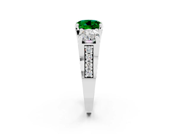 Silver Round Cut Emerald Three-Stone Ring with Channel Set Band and Four-Prong Setting