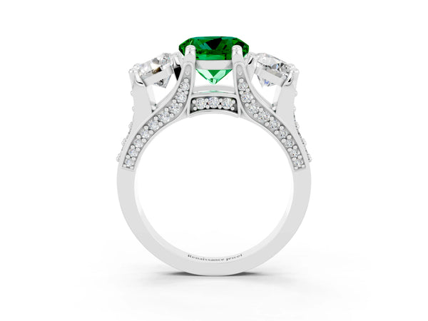 Silver Round Cut Emerald Three-Stone Ring with Channel Set Band and Four-Prong Setting
