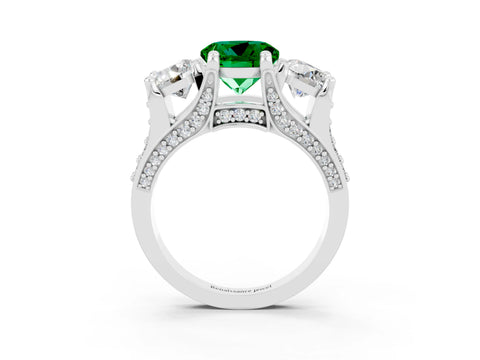 White gold Round Cut Emerald Three-Stone Ring with Channel Set Band and Four-Prong Setting_3