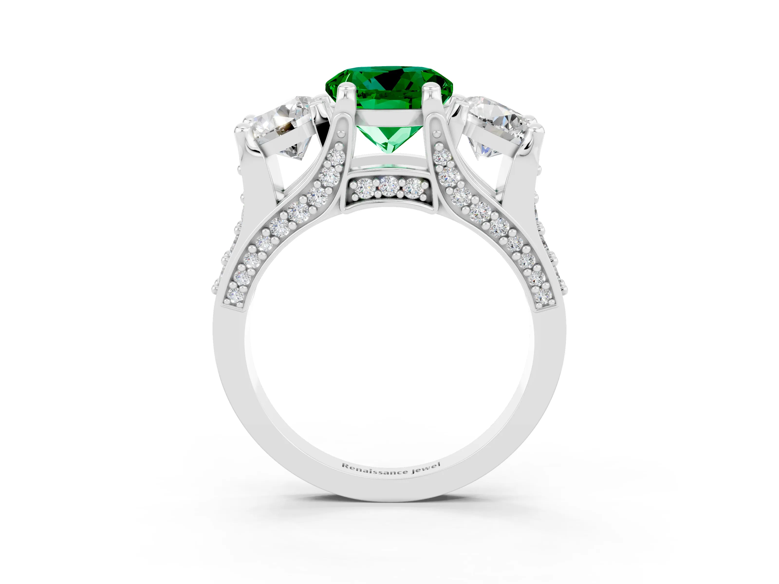 White gold Round Cut Emerald Three-Stone Ring with Channel Set Band and Four-Prong Setting_3