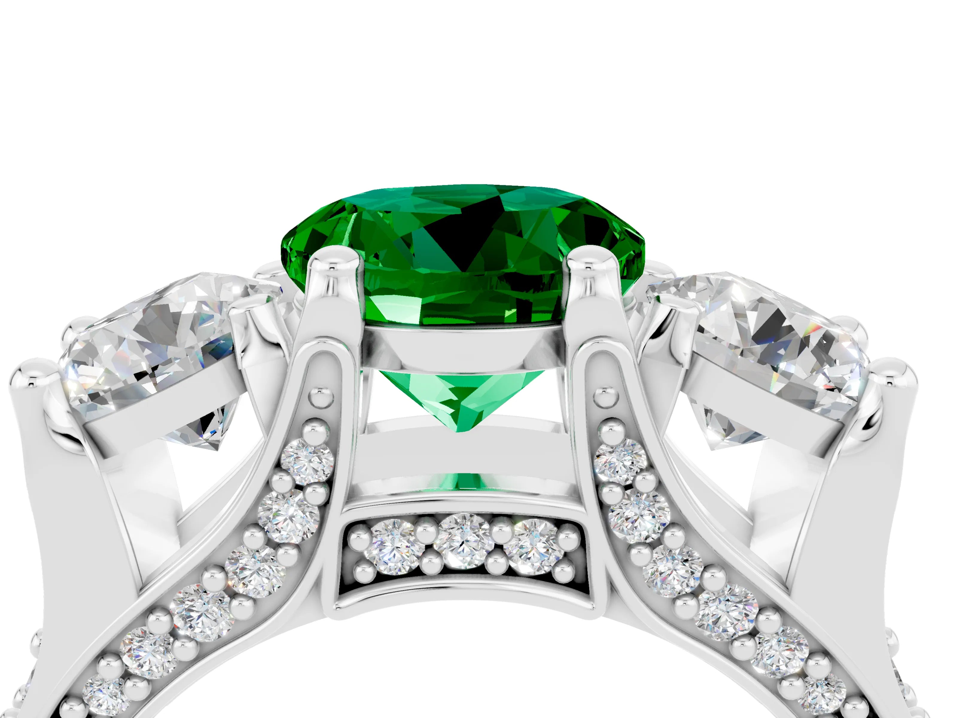 White gold Round Cut Emerald Three-Stone Ring with Channel Set Band and Four-Prong Setting_4