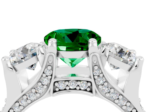 White gold Round Cut Emerald Three-Stone Ring with Channel Set Band and Four-Prong Setting_4