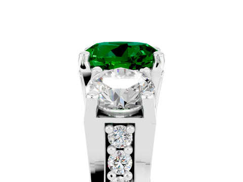 White gold Round Cut Emerald Three-Stone Ring with Channel Set Band and Four-Prong Setting_5