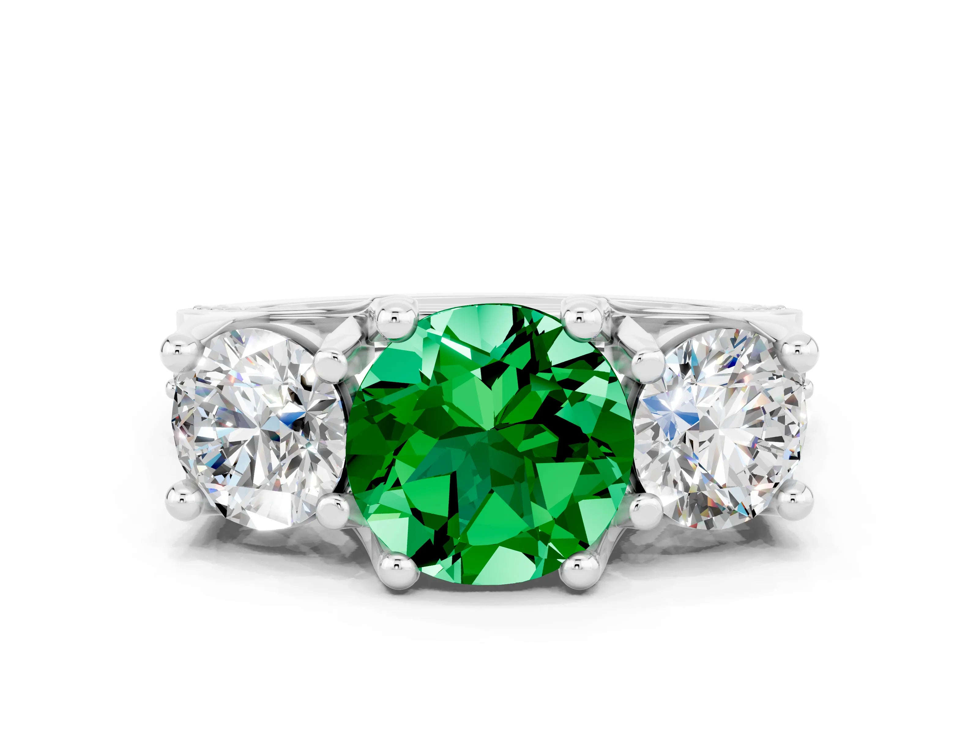 White gold Round Cut Emerald Three-Stone Ring with Channel Set Band and Four-Prong Setting