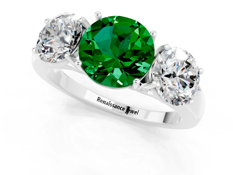 White gold Round Cut Emerald Three-Stone Ring with Four-Prong Setting and Classic Band_1