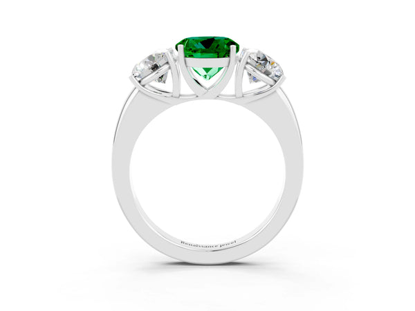 White gold Round Cut Emerald Three-Stone Ring with Four-Prong Setting and Classic Band