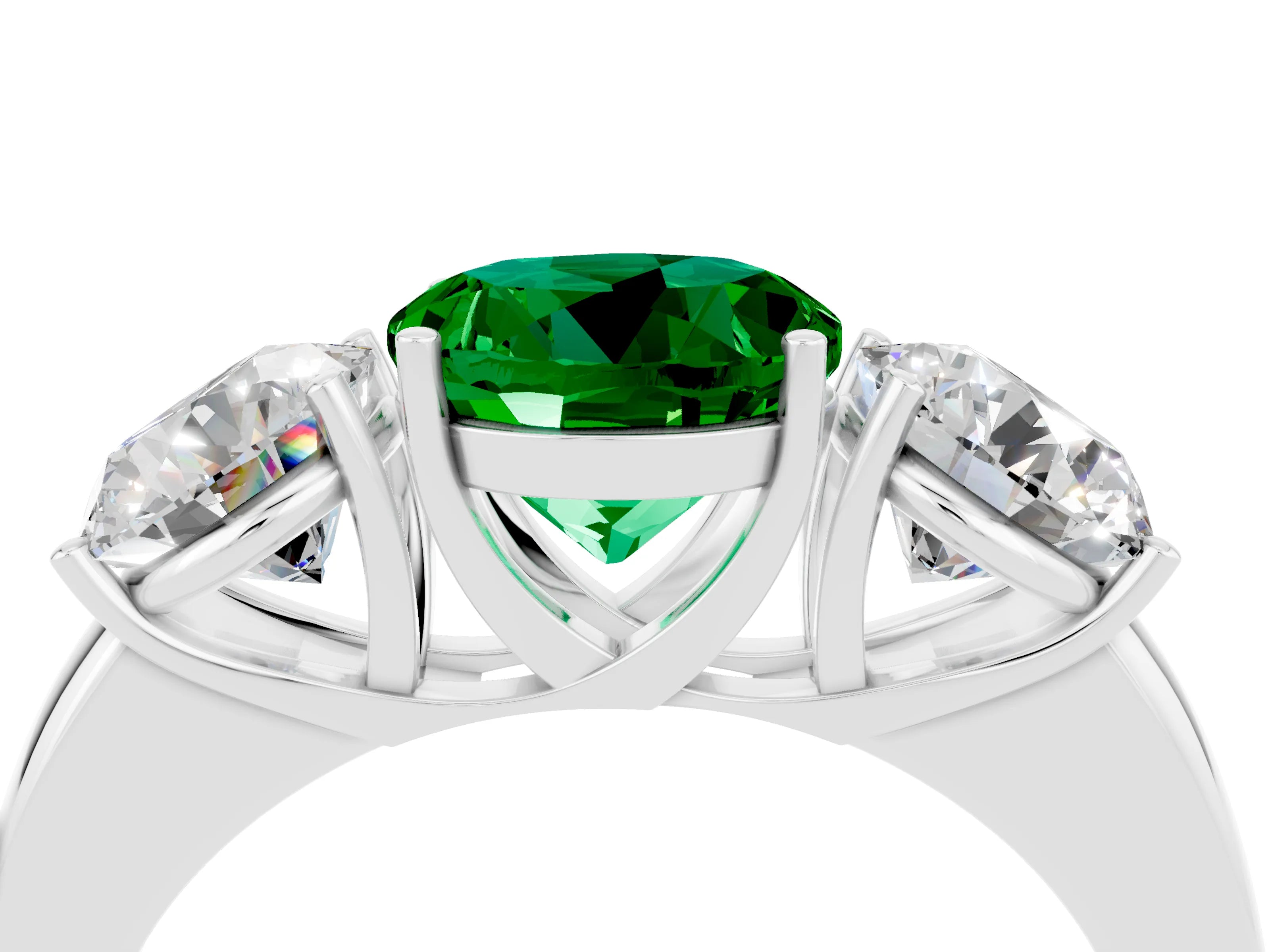 White gold Round Cut Emerald Three-Stone Ring with Four-Prong Setting and Classic Band_4