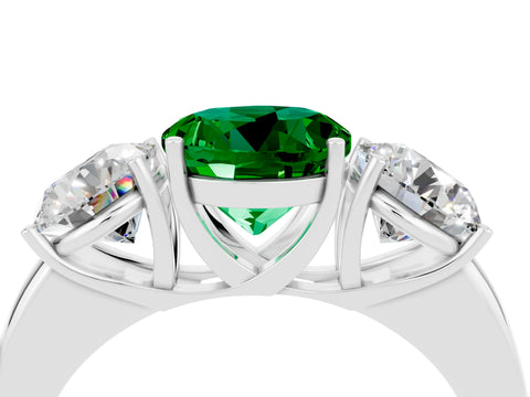 White gold Round Cut Emerald Three-Stone Ring with Four-Prong Setting and Classic Band_4