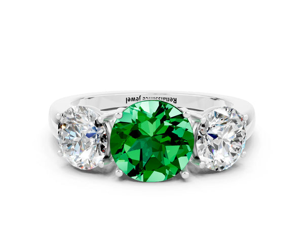 Silver Round Cut Emerald Three-Stone Ring with Four-Prong Setting and Classic Band