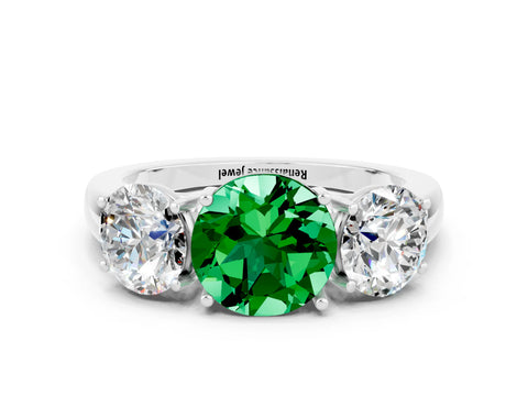 White gold Round Cut Emerald Three-Stone Ring with Four-Prong Setting and Classic Band