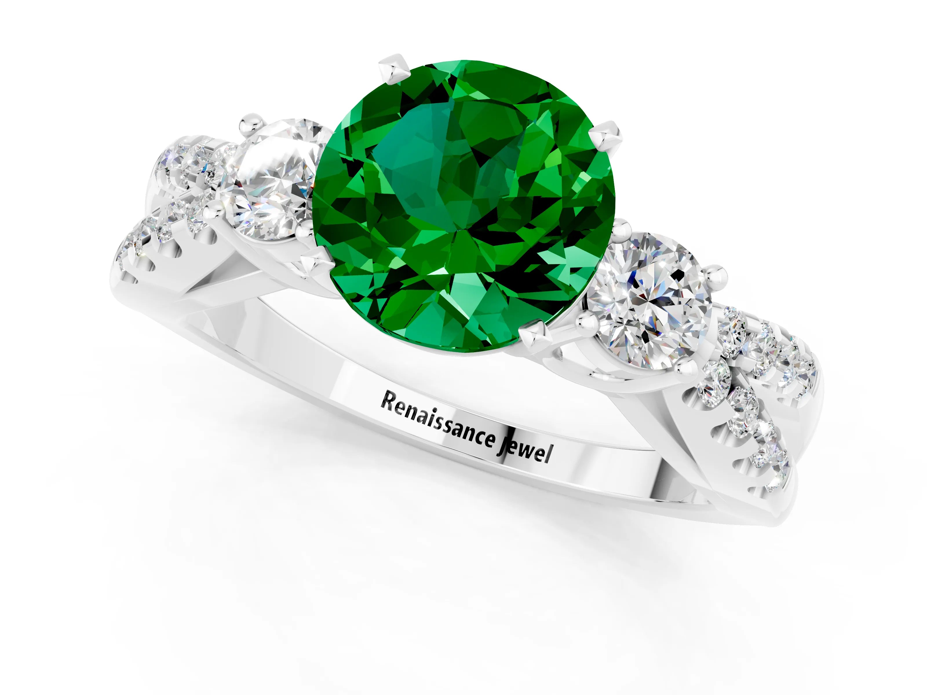 White gold Round Cut Emerald Three-Stone Ring with Pavé Split Shank and Four-Prong Setting_1
