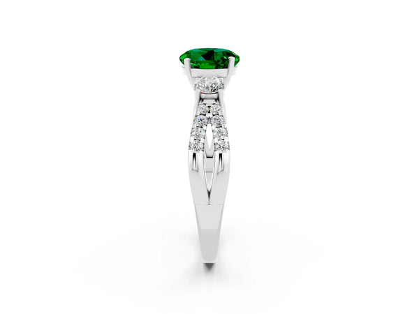 Silver Round Cut Emerald Three-Stone Ring with Pavé Split Shank and Four-Prong Setting