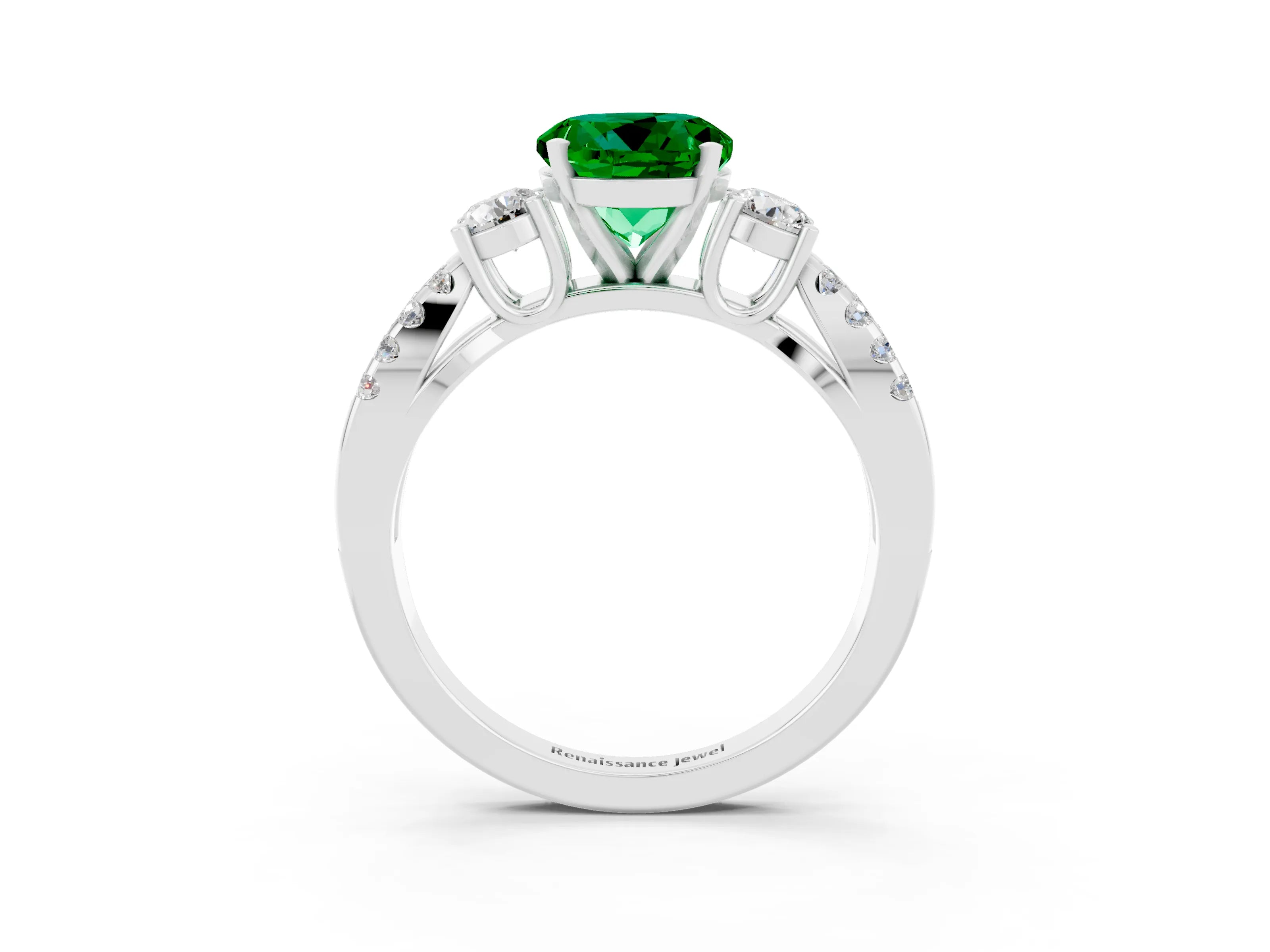 White gold Round Cut Emerald Three-Stone Ring with Pavé Split Shank and Four-Prong Setting_3