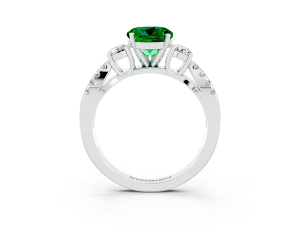 Silver Round Cut Emerald Three-Stone Ring with Pavé Split Shank and Four-Prong Setting