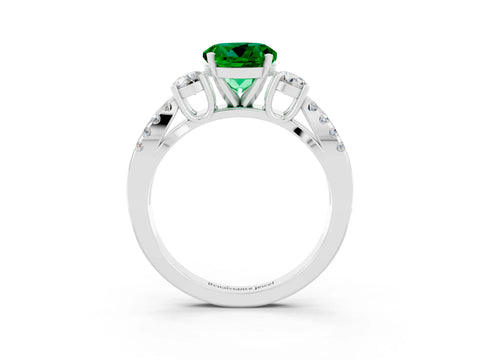 White gold Round Cut Emerald Three-Stone Ring with Pavé Split Shank and Four-Prong Setting_3
