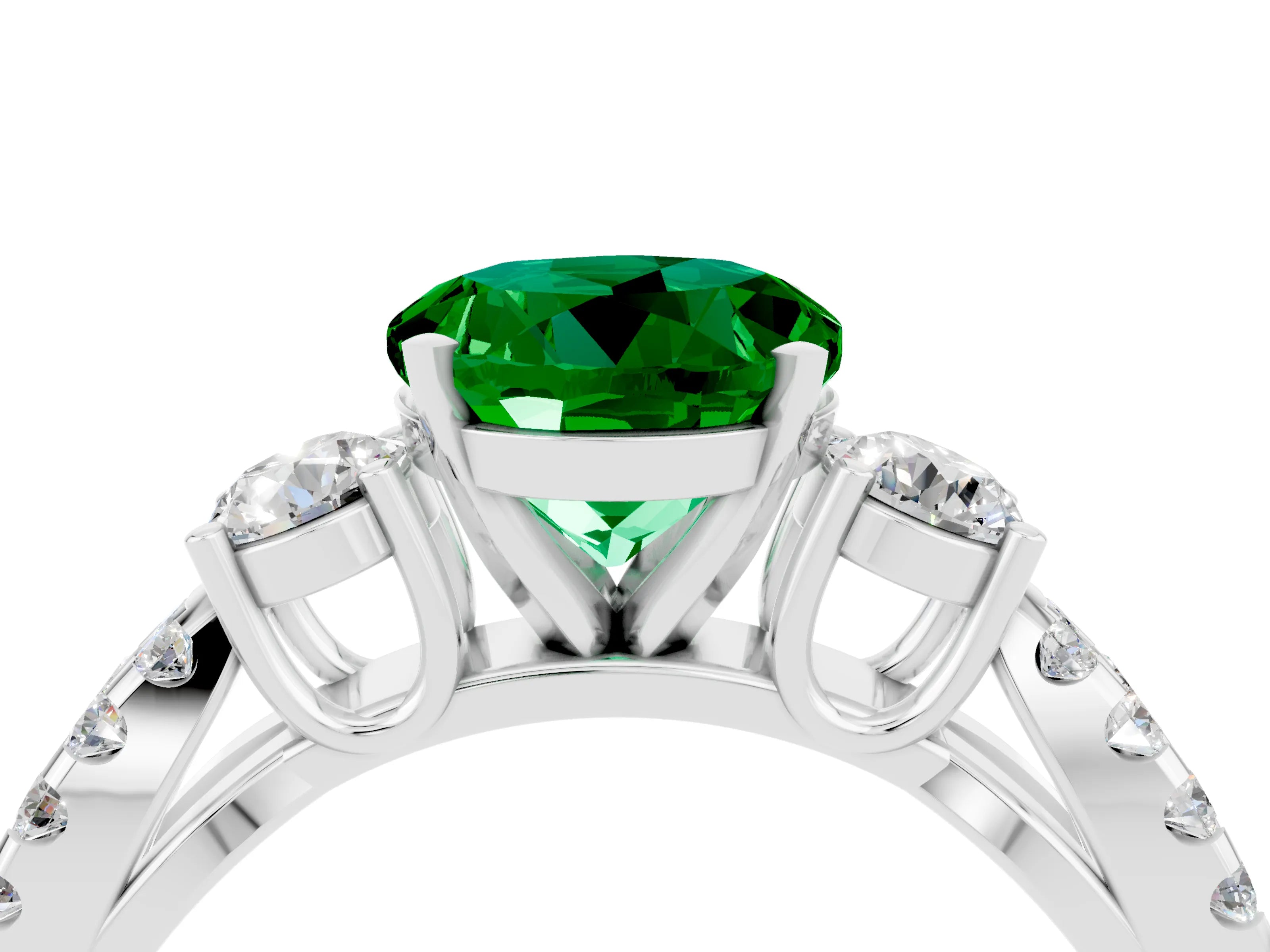White gold Round Cut Emerald Three-Stone Ring with Pavé Split Shank and Four-Prong Setting_4