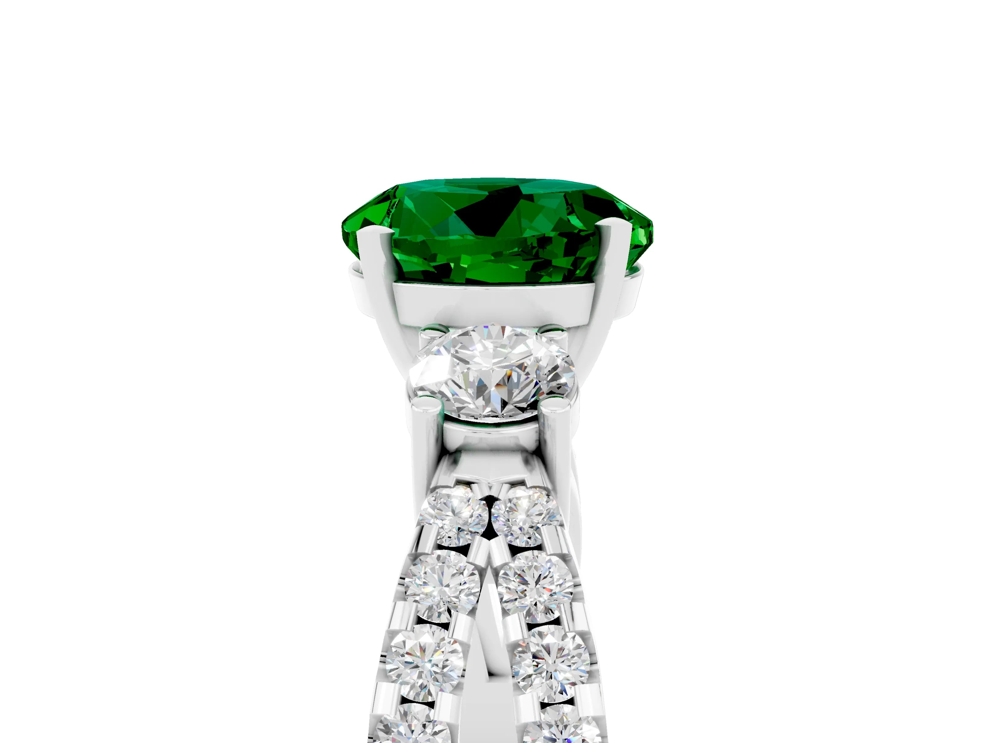 White gold Round Cut Emerald Three-Stone Ring with Pavé Split Shank and Four-Prong Setting_5